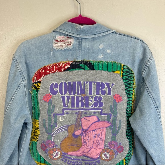 Upcycled Country Vibes Long Light Blue Denim Jacket Womens L Festival Cowgirl - Picture 4 of 15